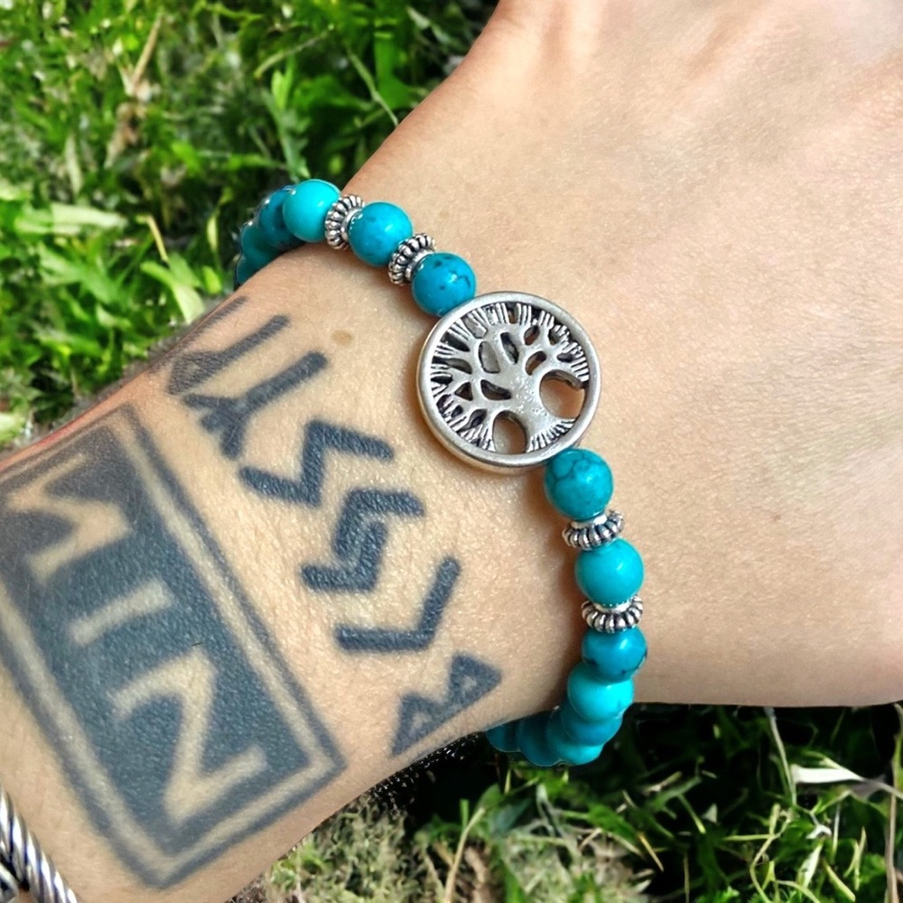 Turquoise 6mm silver tree of life bead bracelet - Picture 1 of 5